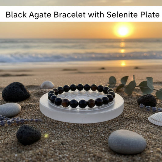 Black agate bracelet with selenite plate
