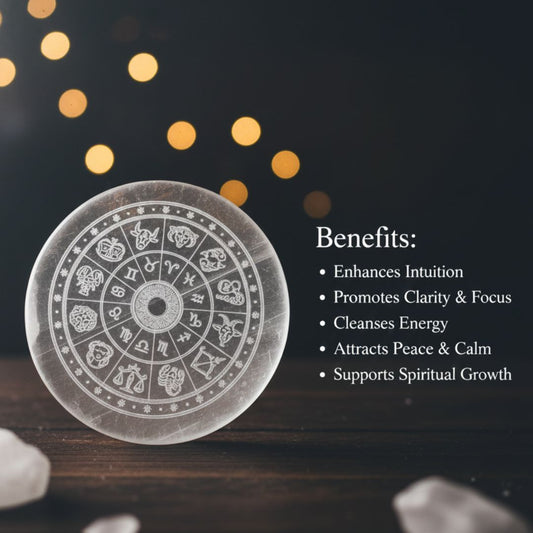 Rashi Selenite Plate – Zodiac Engraved Crystal for Cleansing, Healing & Energy Balance