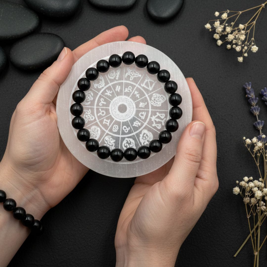 Black agate bracelet with selenite plate