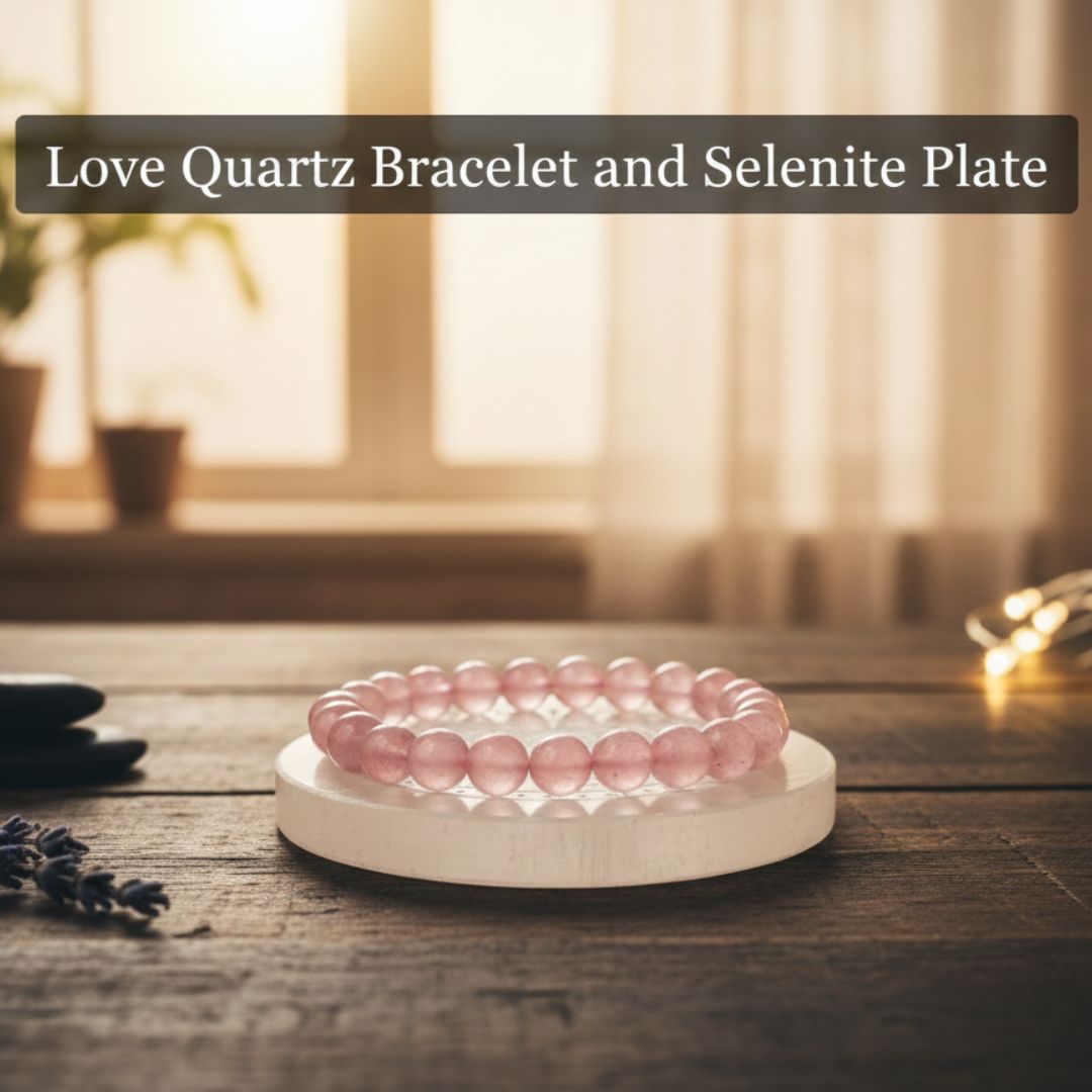 Rose Quartz (Love Quartz) Bracelet with Selenite Charging Plate – Love, Healing & Positive Energy