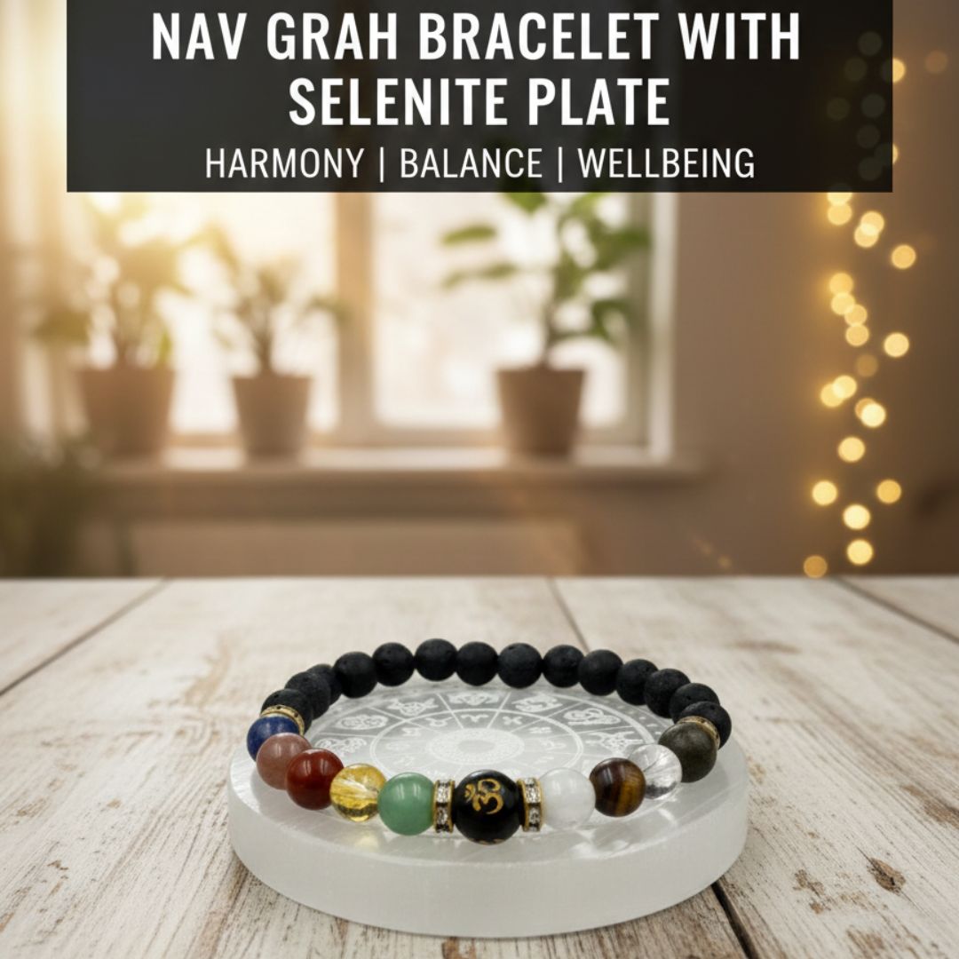 Nav Grah Bracelet with Selenite Charging Plate – Planetary Balance, Protection & Energy Cleansing