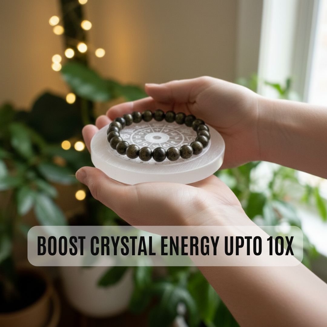 Pyrite Crystal Bracelet with Selenite Charging Plate – Wealth, Protection & Energy Cleansing