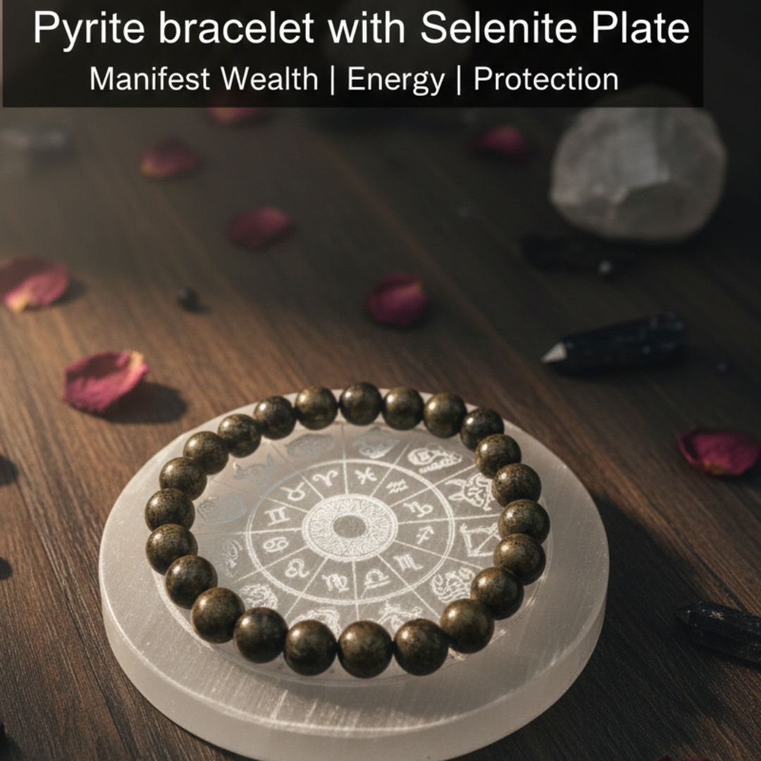 Pyrite Crystal Bracelet with Selenite Charging Plate – Wealth, Protection & Energy Cleansing