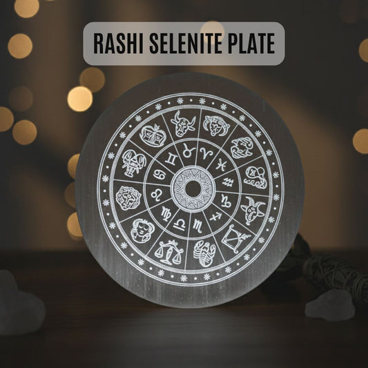 Rashi Selenite Plate – Zodiac Engraved Crystal for Cleansing, Healing & Energy Balance